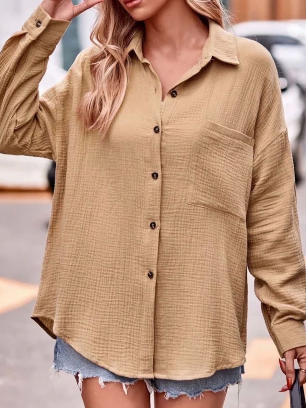 Relaxed Tan Button-Down Gauze Shirt with Pocket